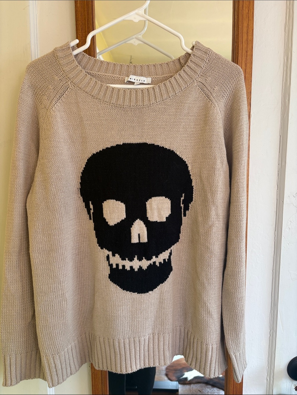 Miracle Beige Crewneck Sweater with Black Skull